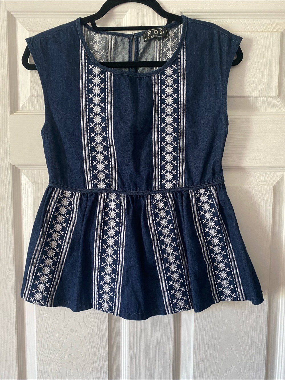 POL Navy Sleeveless Embroidered Peplum Tunic